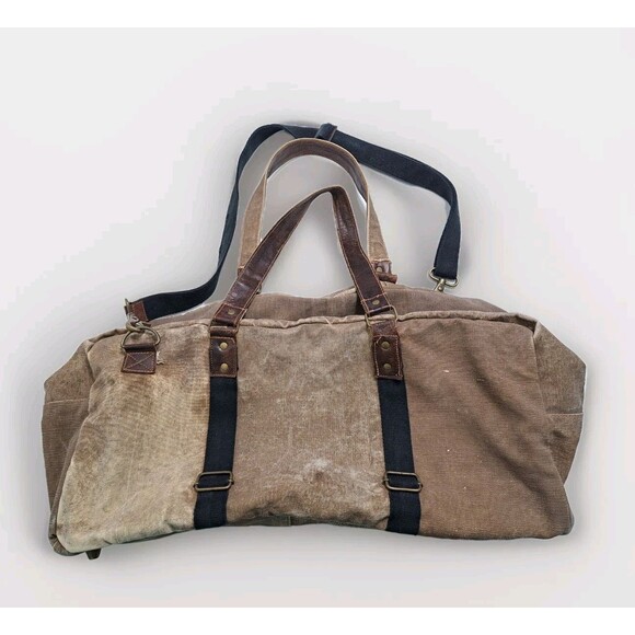 Canvas Distressed Dufflebag Brown Leather Weekender Bag Shoulder Strap Travel - Picture 2 of 8